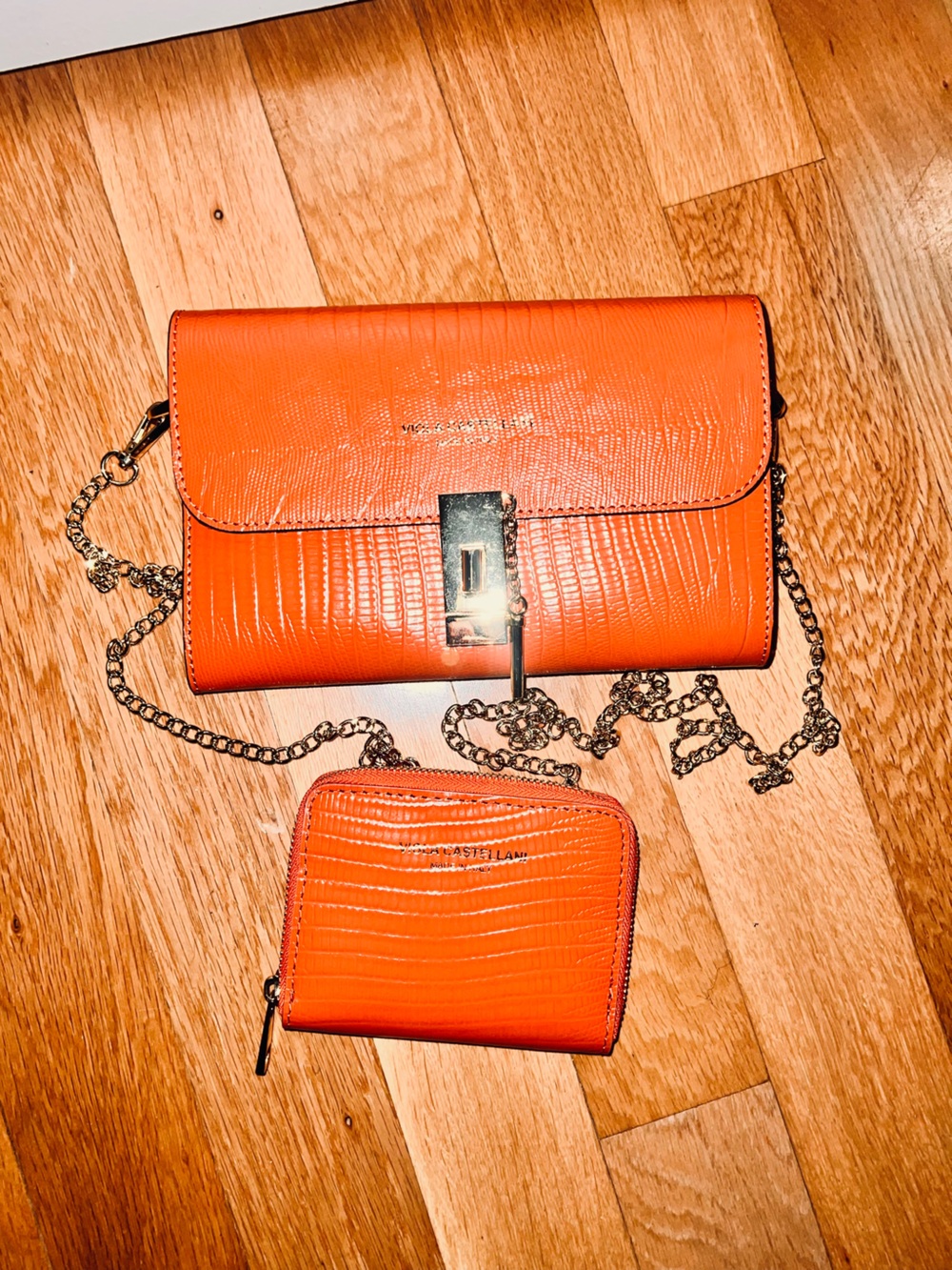 VIOLA CASTELLANI Papaya Italy Leather Lizard Embossed Bag & wallet